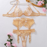 Women bra Two Piece gold flower embroidery See-Through hollow Sexy Lingerie Three-Piece