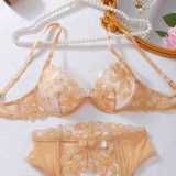 Women bra Two Piece gold flower embroidery See-Through hollow Sexy Lingerie Three-Piece