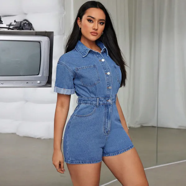 Women Denim Turndown Collar Short Sleeve Jumpsuit