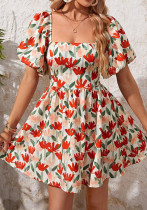 Women Summer Flower Print Lantern Sleeve Dress