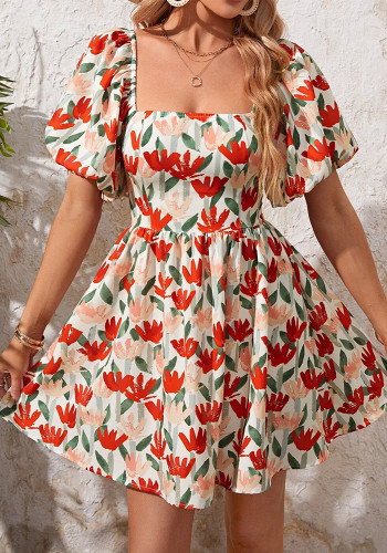 Women Summer Flower Print Lantern Sleeve Dress
