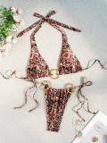 Women sexy tiger print Halter Neck lace Two Pieces bikini swimsuit