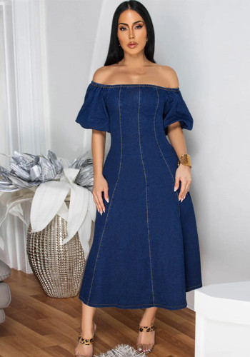 Women Denim U-Neck Short Sleeve Dress