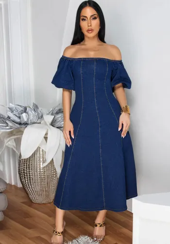 Women Denim U-Neck Short Sleeve Dress