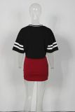 Women v-neck Letter print short-sleeved Top and Skirt Two Piece