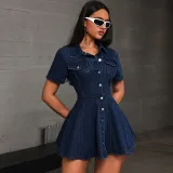 Women Denim Casual Turndown Collar Dress