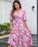 Women Cotton Printed V-Neck Short Sleeve Bohemian Holidays Beach Dress