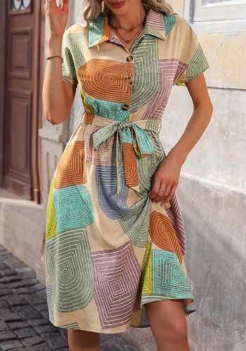 Women Geometric Pattern V-Neck Shirt Dress