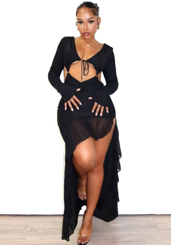 Women Summer Sexy Long Sleeve Ruffled Slit Maxi Dress