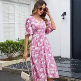 Women Cotton Printed V-Neck Short Sleeve Bohemian Holidays Beach Dress