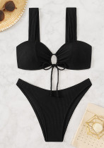 Black Lace-Up Bikini Swimsuit Solid Color Sexy Two-Piece Bikini