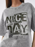Women Washed and Distressed American Letter Printed Pure Cotton Round Neck Short Sleeve T-Shirt Oversize Top