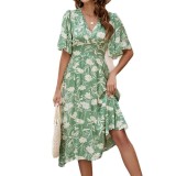 Women Cotton Printed V-Neck Short Sleeve Bohemian Holidays Beach Dress