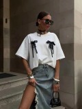 Women Cotton Style Sexy Lace Print Short Sleeve T-Shirt
