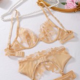 Women bra Two Piece gold flower embroidery See-Through hollow Sexy Lingerie Three-Piece