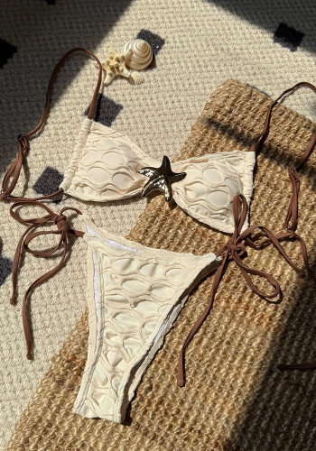 Sexy Low-Back Mesh Patchwork Drawstring Lace-Up Two-Piece Swimsuit