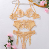 Women bra Two Piece gold flower embroidery See-Through hollow Sexy Lingerie Three-Piece