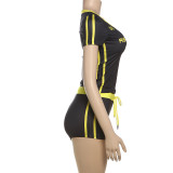 Summer Street Fashion V-Neck Short Sleeve Tight-Fitting Sports Two Piece Shorts Set