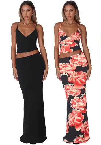 Women Spring Sexy Suspender Crop Top and Bodycon Skirt Two-Piece Set