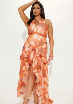 Women Summer Sexy Lace-Up Halter Neck Printed Dress