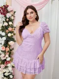 Plus Size Women Summer Short Sleeve V-neck Hollow Puff Sleeve Dress