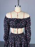 Women summer lace printed lantern sleeves Strapless shirt and skirt two-piece set