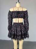 Women summer lace printed lantern sleeves Strapless shirt and skirt two-piece set