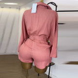 Women Summer Turndown Collar Bat Sleeves shirt and trousers two-piece set