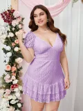 Plus Size Women Summer Short Sleeve V-neck Hollow Puff Sleeve Dress