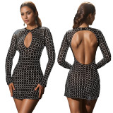 Women Sexy Beaded Long Sleeve Dress