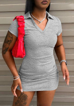Women Solid Turndown Collar V Neck Bodycon Dress
