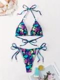 Halter Neck Printed Lace-Up Two-Piece Swimsuit for Women Sexy Bikini Beach Suit