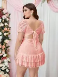 Plus Size Women Summer Short Sleeve V-neck Hollow Puff Sleeve Dress
