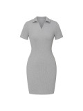 Women Solid Turndown Collar V Neck Bodycon Dress