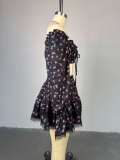Women summer lace printed lantern sleeves Strapless shirt and skirt two-piece set