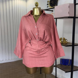 Women Summer Turndown Collar Bat Sleeves shirt and trousers two-piece set