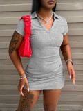 Women Solid Turndown Collar V Neck Bodycon Dress