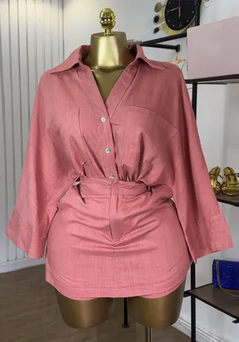 Women Summer Turndown Collar Bat Sleeves shirt and trousers two-piece set