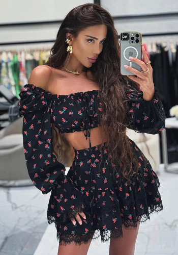 Women summer lace printed lantern sleeves Strapless shirt and skirt two-piece set