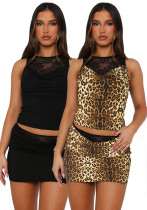 Women Sexy Round Neck Sleeveless Summer Sexy Solid Lace Patchwork Top and Skirt Two-Piece Set