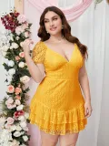 Plus Size Women Summer Short Sleeve V-neck Hollow Puff Sleeve Dress