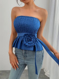 Women Spring Summer Solid Strapless Lace-Up Top