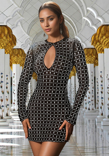 Women Sexy Beaded Long Sleeve Dress