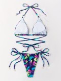 Halter Neck Printed Lace-Up Two-Piece Swimsuit for Women Sexy Bikini Beach Suit