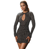 Women Sexy Beaded Long Sleeve Dress