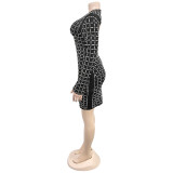 Women Sexy Beaded Long Sleeve Dress