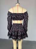 Women summer lace printed lantern sleeves Strapless shirt and skirt two-piece set