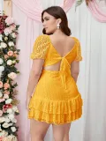 Plus Size Women Summer Short Sleeve V-neck Hollow Puff Sleeve Dress
