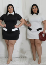 Plus Size Women summer solid short sleeve turndown collar black and white contrast dress