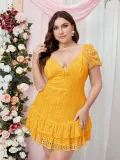 Plus Size Women Summer Short Sleeve V-neck Hollow Puff Sleeve Dress
